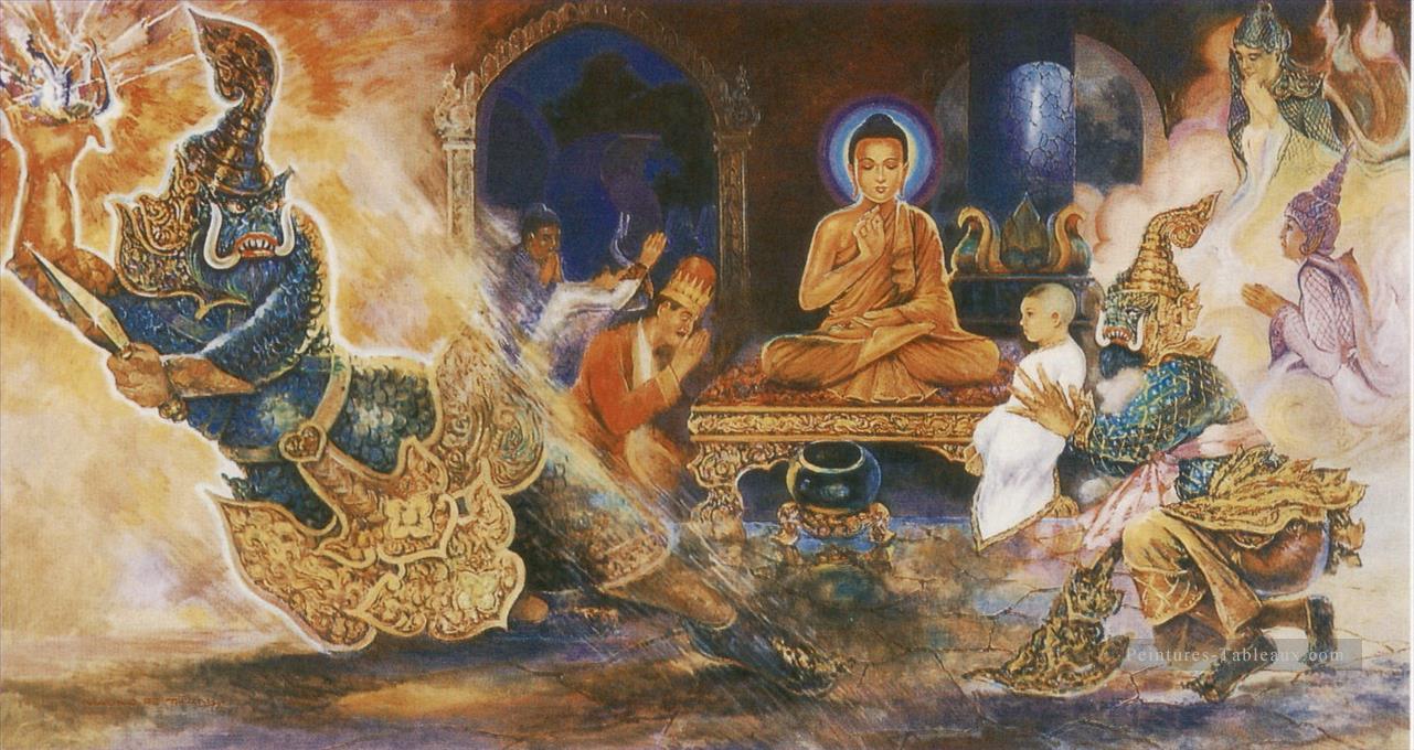 Bouddha dompté un alavaka ogre céleste qui a pris refuge dans la gemme triple du bouddhisme bouddhisme Peintures à l'huile